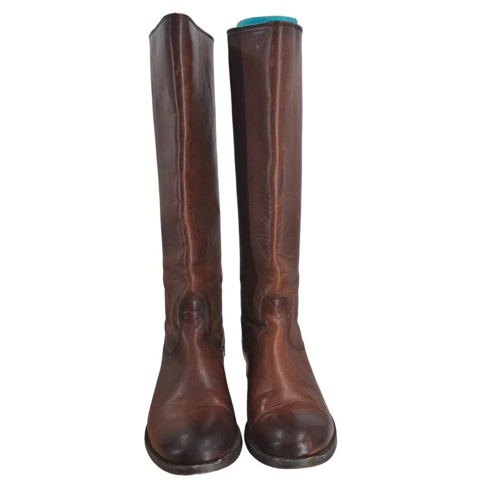 Frye Melissa Knee High Leather Brown Riding Boots Size 6.5 Distressed Snap Zip